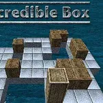 Tredimensjonalt brettspill med trebokser plassert på en plattform over havet, med teksten Incredible Box øverst