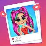 En illustrasjon av en jente med rosa og grønt hår og store grønne øyne, poserende i en rød kjole, innrammet som et polaroid-bilde med digitale «liker»-ikoner