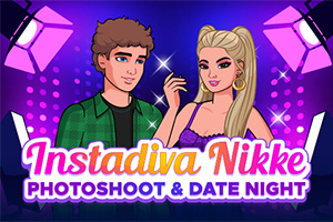 To personer med trendy klær står foran en fargerik bakgrunn med lys, med teksten Instadiva Nikke Photoshoot & Date Night nederst