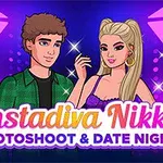 To personer med trendy klær står foran en fargerik bakgrunn med lys, med teksten Instadiva Nikke Photoshoot & Date Night nederst