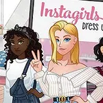 Tre animerte jenter poserer stilfullt foran en plakat med teksten Instagirls Dress Up i et fargerikt rom med moteartikler