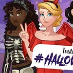 Tre figurer i Halloween-kostymer med teksten Instagirls #Halloween i forgrunnen