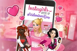 Tre jenter poserer foran en smarttelefon med teksten Instagirls Dress Up #ValentinesDay, omgitt av rosa og røde hjerter i et dekorativt rom