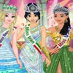 Fire animerte kvinner i fargerike kjoler med kroner og bånd merket som Miss France, Miss Norway, Miss Iran og Miss USA står ved siden av hverandre i en glamorøs setting