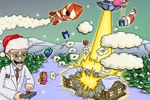 En tegnet scene med en mann i nissehatt som styrer et kaos med raketter, UFO, pakker og eksplosjon i et vinterlandskap