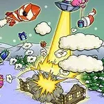En tegnet scene med en mann i nissehatt som styrer et kaos med raketter, UFO, pakker og eksplosjon i et vinterlandskap