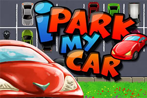 Munter illustrasjon av biler parkert på en parkeringsplass med teksten iPark my car i lyse bokstaver