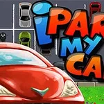 Munter illustrasjon av biler parkert på en parkeringsplass med teksten iPark my car i lyse bokstaver