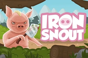 En sint gris som holder en kjøttøks med logoen Iron Snout i en grønn skog