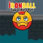 En rød og gul ball med ansikt i stil med en superhelt, med teksten Ironball Super Hero Ball over, foran en mursteinsmur og vann
