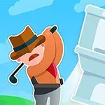En tegneseriemann med hatt svinger en golfkølle mot et stort toalett foran en blå himmel og en golfbane med et flagg