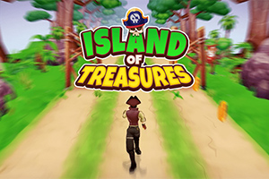 En tegneserielignende figur løper ned en jungelsti på en fargerik øy med teksten Island of Treasures i toppen
