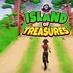 En tegneserielignende figur løper ned en jungelsti på en fargerik øy med teksten Island of Treasures i toppen