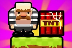 En tegnet figur med stripete klær står ved siden av en TNT-boks på en gresskledd plattform, med en fargerik bakgrunn