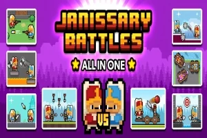 Pikselgrafikk med to figurer, en rød og en blå, omgitt av små spillskjermbilder og teksten Janissary Battles All In One på lilla bakgrunn
