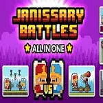 Pikselgrafikk med to figurer, en rød og en blå, omgitt av små spillskjermbilder og teksten Janissary Battles All In One på lilla bakgrunn