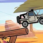 En tegnet jeep kjører over en trestokk i et ørkenlandskap med fjell og et akasietre i bakgrunnen