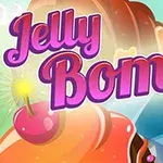 Fargerik illustrasjon med ordet Jelly Bomb i lilla skrift over en bakgrunn av geléaktige former og en kirsebærbombe