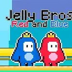 To figurer i blå og rød drakt med kroner står ved siden av hverandre på en gul bakgrunn med teksten Jelly Bros Red and Blue over dem