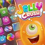 Fargerike geléfigurer i ulike former med et koselig, enøyd gelémonster på høyre side og teksten Jelly Crush