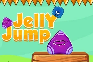 To fargerike geléfigurer og teksten Jelly Jump mot en grønn bakgrunn
