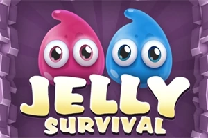 Rosa og blå geléfigurer med store øyne og teksten Jelly Survival i en fargerik stil