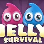 Rosa og blå geléfigurer med store øyne og teksten Jelly Survival i en fargerik stil