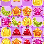 Fargerike geléaktige figurer og fruktdesign på en lilla rutet bakgrunn