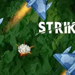 Blå jagerfly med bakgrunn av en grønn terrengkart, med eksplosjoner og teksten STRIKE