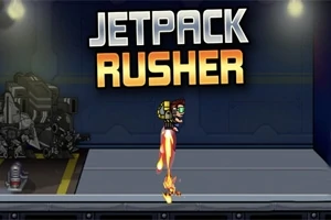 En animert figur med en jetpack flyr gjennom et industrielt miljø med JETPACK RUSHER skrevet i store bokstaver over