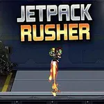 En animert figur med en jetpack flyr gjennom et industrielt miljø med JETPACK RUSHER skrevet i store bokstaver over