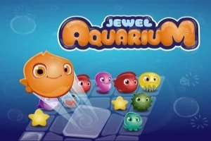 Fargerike, glade sjøskapninger og stjerner på et rutenett med teksten Jewel Aquarium øverst