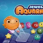 Fargerike, glade sjøskapninger og stjerner på et rutenett med teksten Jewel Aquarium øverst