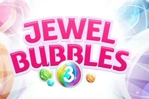 Rosa tekst Jewel Bubbles 3 med fargerike bobler i bakgrunnen