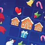 Snømann, pepperkakehus, julegaver, juleklokke og sukkertøy stang på blå bakgrunn med rød banner som sier Jewel Christmas Mania