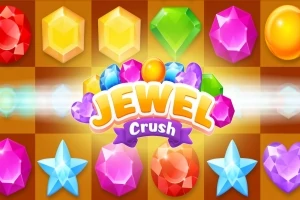 Fargerike juveler og krystaller i ulike former mot en rutete bakgrunn med Jewel Crush skrevet i midten