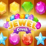 Fargerike juveler og krystaller i ulike former mot en rutete bakgrunn med Jewel Crush skrevet i midten