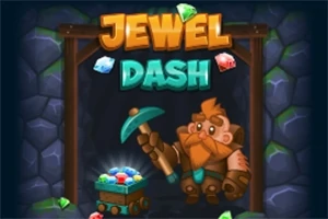 En tegneserieaktig gruvearbeider med et oransje skjegg holder en hakke ved siden av en vogn full av juveler, med teksten Jewel Dash over seg