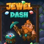 En tegneserieaktig gruvearbeider med et oransje skjegg holder en hakke ved siden av en vogn full av juveler, med teksten Jewel Dash over seg