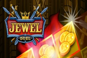 Logo med teksten Jewel Duel og illustrasjoner av sverd og gullmynter på en mørk bakgrunn