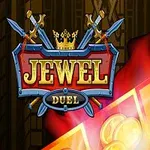 Logo med teksten Jewel Duel og illustrasjoner av sverd og gullmynter på en mørk bakgrunn