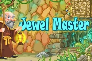 En animert, eldre mann med skjegg holder en lykt foran en steinvegg dekorert med juveler og teksten Jewel Master