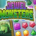Illustrasjon av fargerike monstre ved siden av et brett med juveler i ulike former og farger, med teksten Jewel Monsters i toppen
