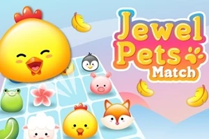 Fargerikt og lekent motiv med en stor, gul kylling, diverse dyreansikter og bananer på et rutenett, med teksten Jewel Pets Match