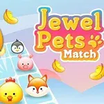Fargerikt og lekent motiv med en stor, gul kylling, diverse dyreansikter og bananer på et rutenett, med teksten Jewel Pets Match