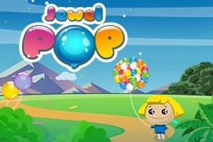 Tegnet landskap med en liten jente som holder fargerike ballonger, mot en bakgrunn av fjell og blå himmel, med teksten Jewel Pop i fargerike bokstaver øverst