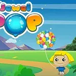 Tegnet landskap med en liten jente som holder fargerike ballonger, mot en bakgrunn av fjell og blå himmel, med teksten Jewel Pop i fargerike bokstaver øverst