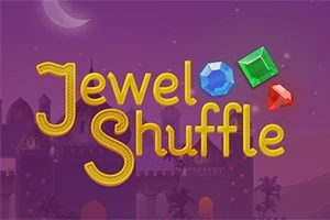 Typografi med teksten Jewel Shuffle i gule bokstaver mot en lilla bakgrunn, dekorert med glitrende edelstener og et silhuett av et palass i bakgrunnen