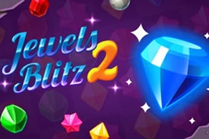 Fargerike edelstener med en stor blå diamant og teksten Jewels Blitz 2 på en lilla bakgrunn
