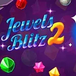 Fargerike edelstener med en stor blå diamant og teksten Jewels Blitz 2 på en lilla bakgrunn